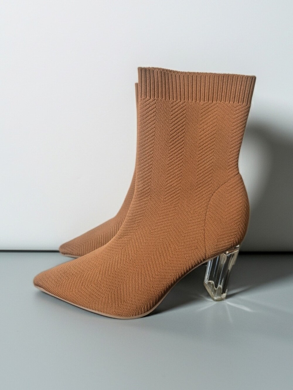 Stretch-Knit Sock Booties with Clear Block Heel